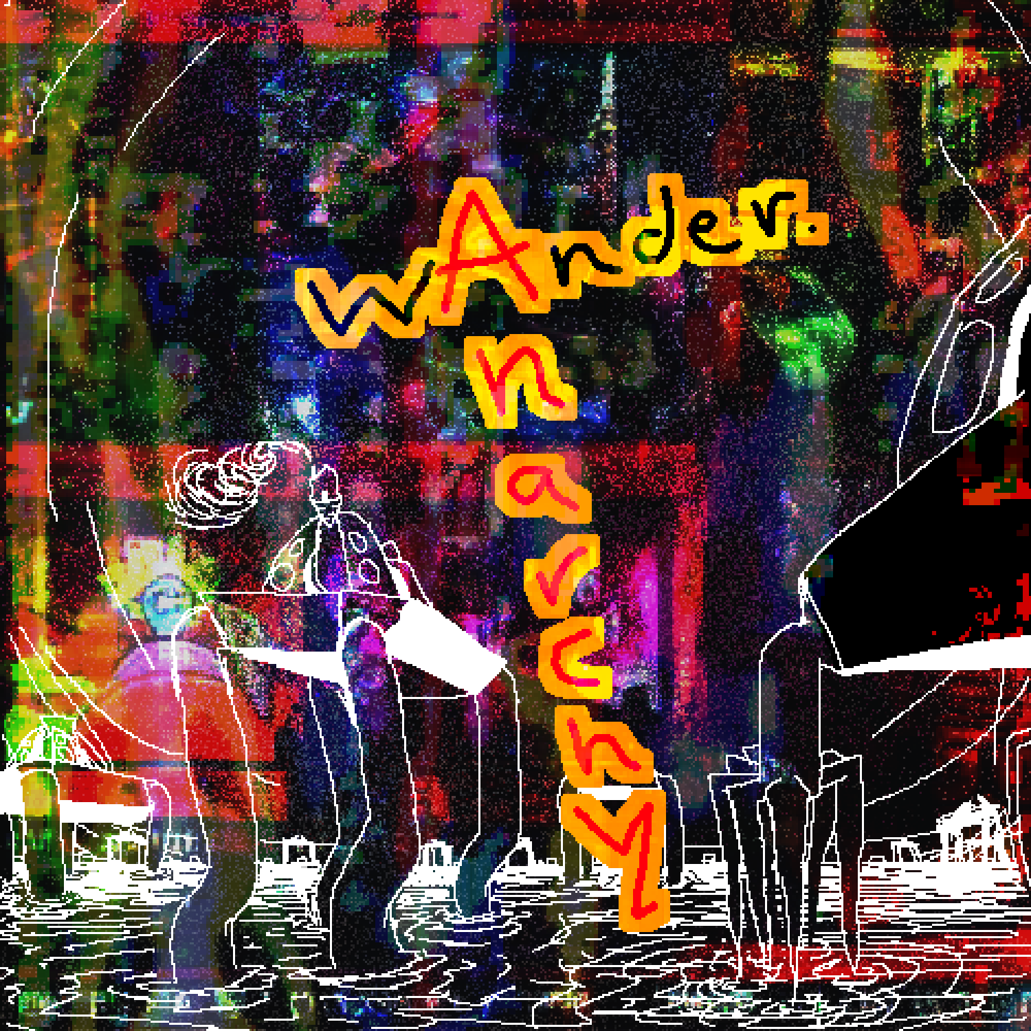 a distorted mess showing a great ocean shrouded by darkness, filled with monoliths, and text saying \'Wander Anarchy\'